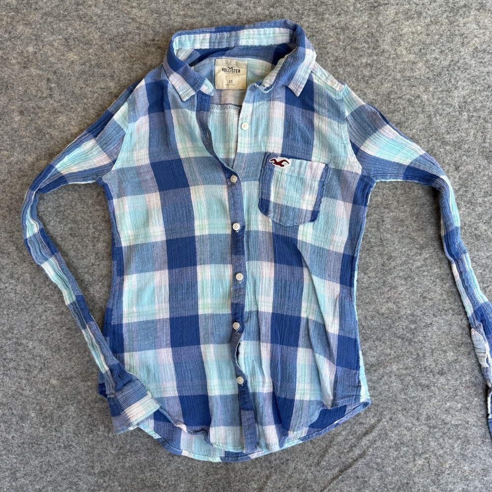 Hollister Shirt Womens XS Blue Plaid‎ Button Front Long Sleeve Cotton Casual Y2K